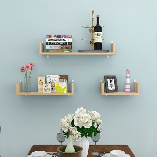 U Shape Wall Mounted Storage Shelves Room Display Floating Shelf Units MDF Wood - Light Walnut