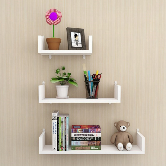 U Shape Wall Mounted Storage Shelves Room Display Floating Shelf Units MDF Wood - Light Walnut