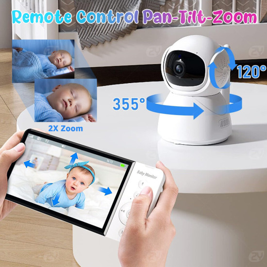 ABM700 5 inch IPS Screen Wireless Video Baby Monitor with Nanny PTZ Camera 5000mAh Battery Two-way Audio Lullaby Feeding Time Reminder SD TF Card Record Cameras EU Plug