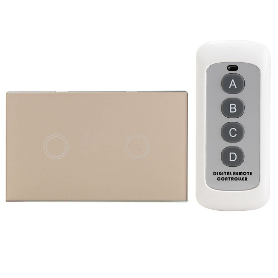 1 Way 2 Gang Crystal Glass Remote Panel Touch LED Light Switch Controller With Remote Control - White