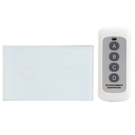 1 Way 2 Gang Crystal Glass Remote Panel Touch LED Light Switch Controller With Remote Control - White