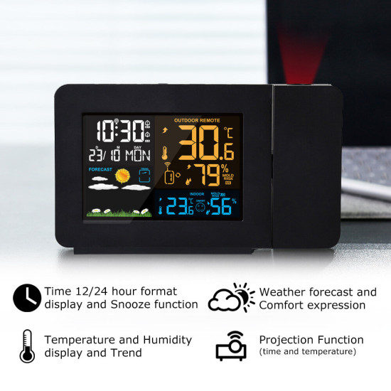 FanJu FJ3391 Multifunctional Weather Station Projector Clock Color Screen Time Temperature Projection Weather Forecast Humidity Calendar Dual Alarm Clock Digital Clock with Wireless Sensor - US Plug