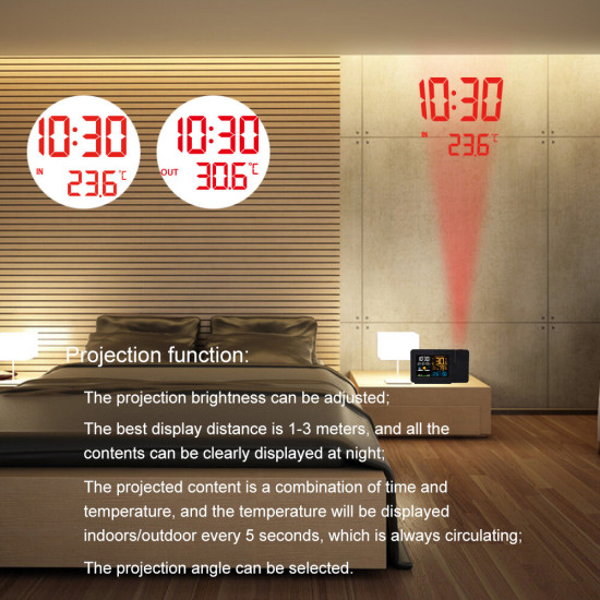 FanJu FJ3391 Multifunctional Weather Station Projector Clock Color Screen Time Temperature Projection Weather Forecast Humidity Calendar Dual Alarm Clock Digital Clock with Wireless Sensor - US Plug