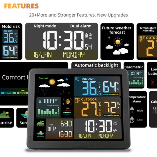Electronic Weather Station Smart Color Screen Multi-function Alarm Clock Thermometer Hygrometer Weather Forecast Display with Outdoor Wireless Sensor