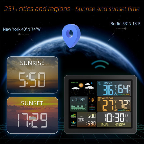 Electronic Weather Station Smart Color Screen Multi-function Alarm Clock Thermometer Hygrometer Weather Forecast Display with Outdoor Wireless Sensor