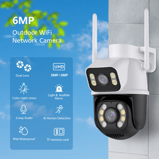 3MP+3MP WiFi IP Camera 4K 6MP Wireless Security Surveillance Cameras NETIP Onvif Human Detection Home Outdoor CCTV IP Camera Dual Lens Auto Tracking - Black/White