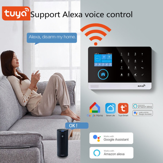 Wireless WIFI GSM Home Security Alarm System For Tuya Smart Life APP With Motion Sensor Detector Compatible With Alexa & Google