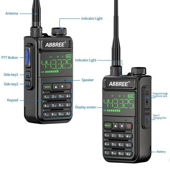 ABBREE AR-518 Full Bands Walkie Talkie 128 Channels LCD Color Screen Two Way Radio Air Band DTMF SOS Emergency Function - Black