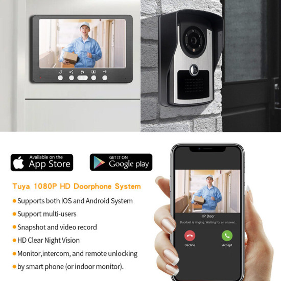 7 inch 1080P Tuya WiFi Video Intercom Doorbell System APP Remote Unlock Night Vision IP55 Waterproof Wireless Visual Doorbell with LCD Monitor for Home Apartment Security - EU Plug