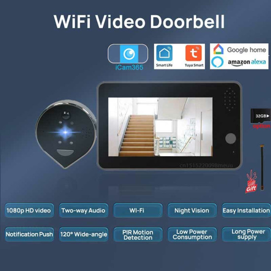 Tuya Smart WiFi Doorbell 1080P HD Eye Peephole Camera with 4.3inch LCD Screen Display 5000mAh Night Vision PIR Motion Detection Two-way Audio Door Viewer - Black