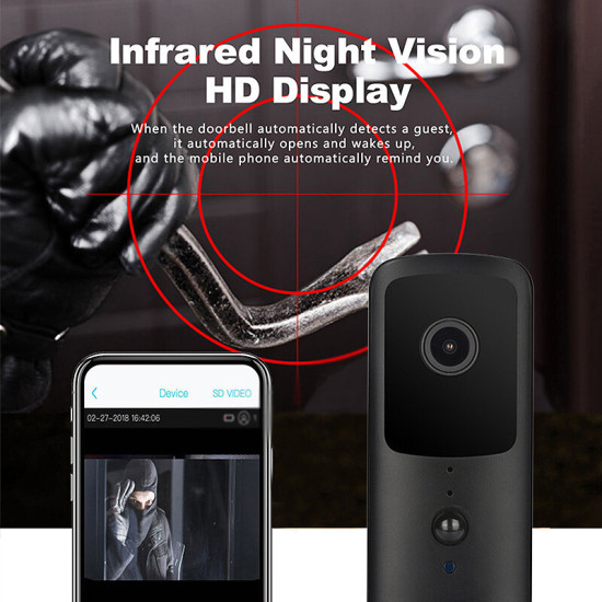 V30S Tuya WiFi Smart Video Doorbell Remote Phone Viewing Intercom IR Night Vision Wireless Home Monitoring Door Bell - Black