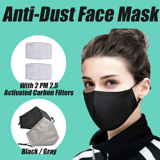 Cotton Anti-Dust Face Mask Cover Reusable PM2.5 Respirator with Filters Ear Loop - Black