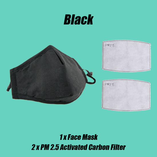 Cotton Anti-Dust Face Mask Cover Reusable PM2.5 Respirator with Filters Ear Loop - Black