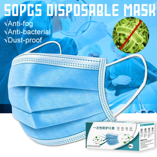 50Pcs Disposable Face Mask 3 Layer Protective Anti-Dust Respirator