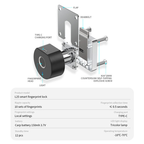 Smart Fingerprint Lock Anti-corrosion Abrasion Resistant 0.5s Recognize Low Power Consumption Intelligent Lock for Office Home - L28 rotating tongue fingerprint lock