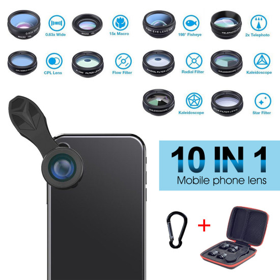 Hizek 10 in 1 Phone Lens Kit Macro Lens Wide Angle Lens Fisheye Lens Telephoto Lens CPL Flow Radial Star Filter Kaleidoscope 3/6 Lens For Smartphones