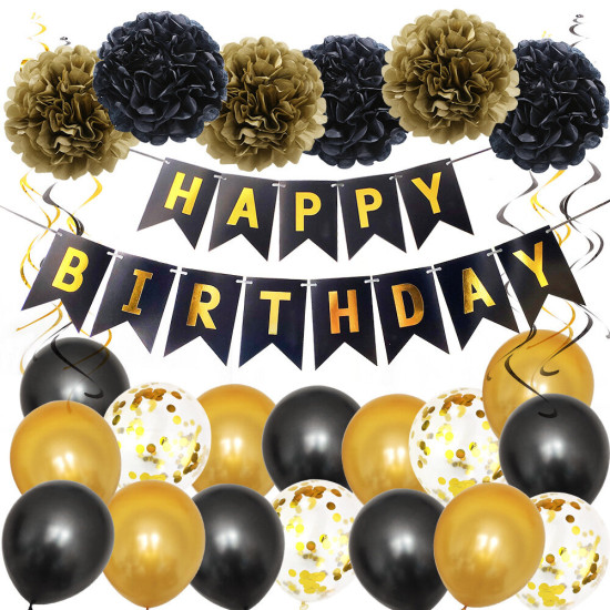 Happy Birthday Party Decoration Banner Bunting Balloons Background - Black