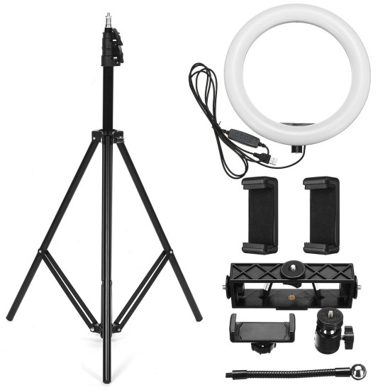 26cm LED Ring Light 3 Color 10 Brightness Dimmable Fill Light with Tripod Stand Dual Phone Clip for Youtube Live Stream Tiktok Broadcast - 50cm