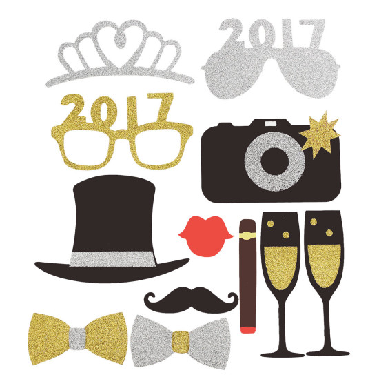 12Pcs Happy New Year Eve Party Photo Booth DIY Mask Mustache Stick Props