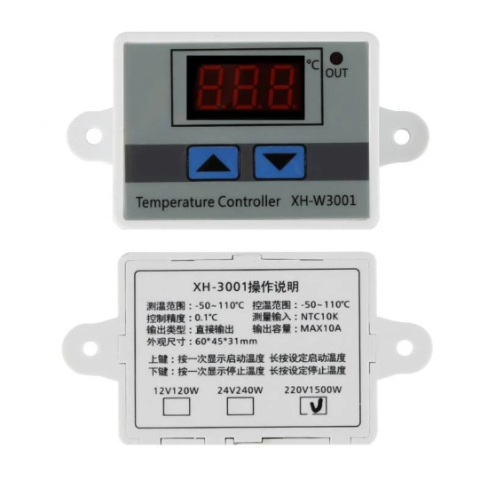 XH-W3001 10A 12V 24V 220V AC Digital LED Temperature Controller for Incubator Cooling Heating Switch Thermostat NTC Sensor - Probe